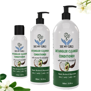 Size comparison of See My Curls Detangler Cleanser Conditioner available in 125ml travel size, 300ml standard size, and 1000ml bulk value size. Three white bottles with black caps and pumps on a white floral background.