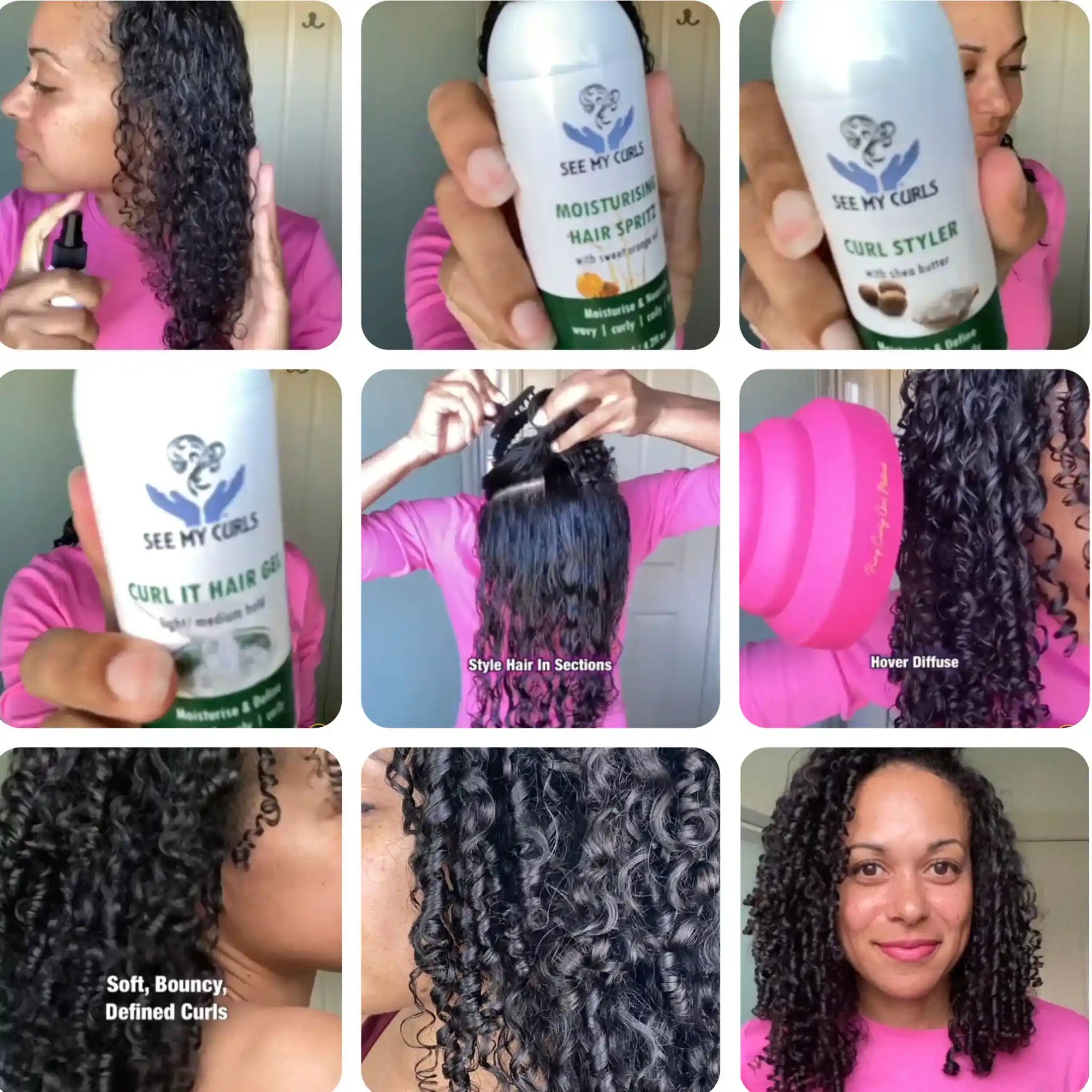 9-panel photo collage showcasing a step-by-step curly hair application routine using See My Curls Curl Styler and Hair Spritz resulting in soft, bouncy, defined curls