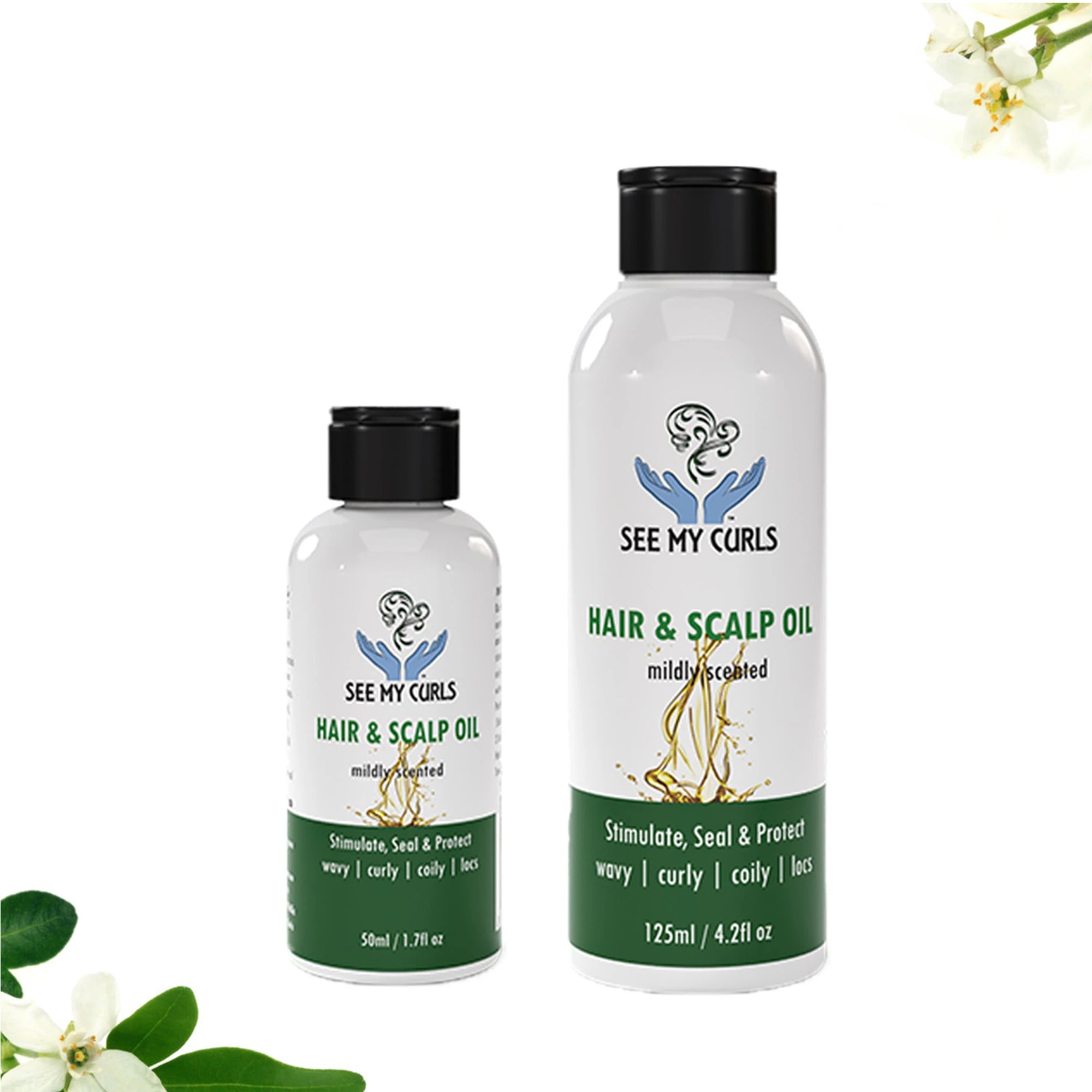 See My Curls Hair and Scalp Oil shown in two sizes: 125ml bottle and 50ml travel bottle side-by-side.