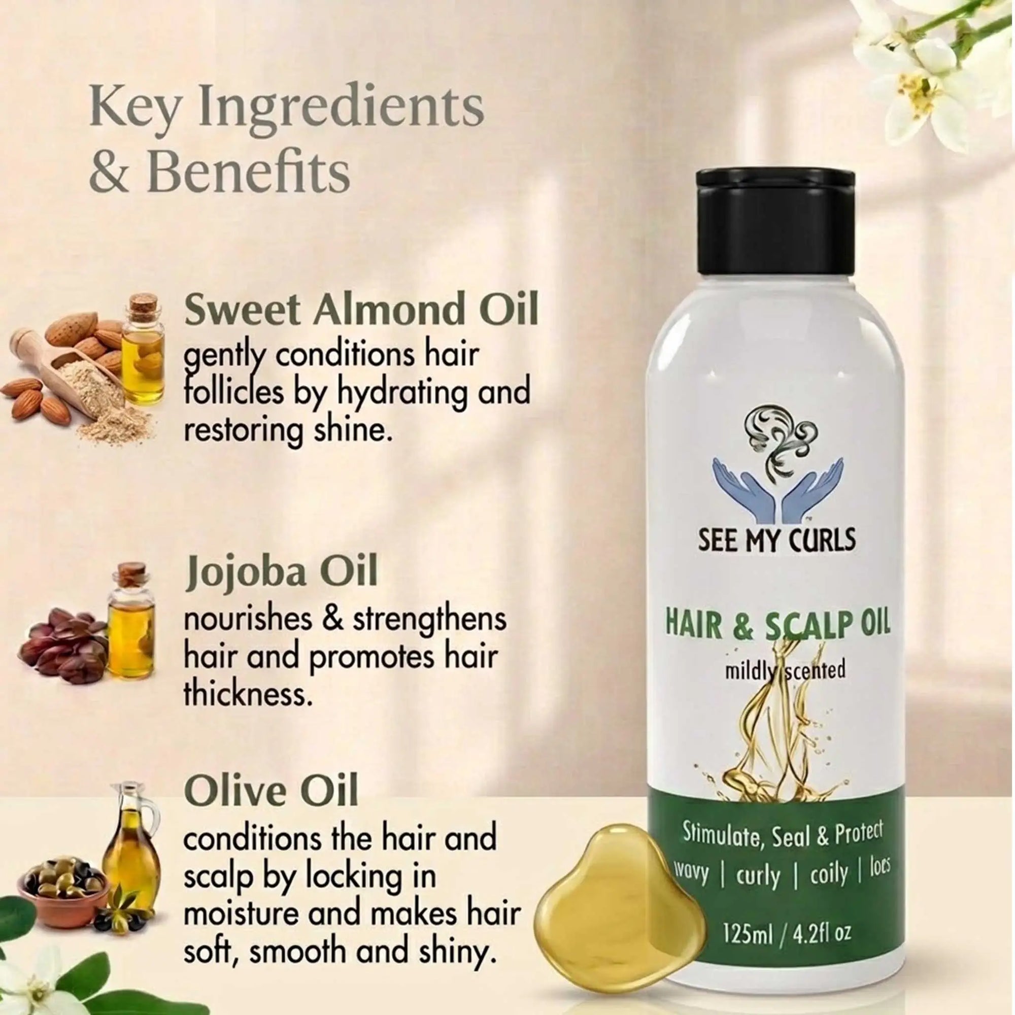 Infographic showing key ingredients in See My Curls Hair and Scalp Oil including Sweet Almond Oil, Jojoba Oil, and Olive Oil along with their benefits.