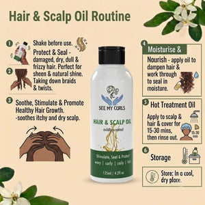 Step-by-step Hair and Scalp Oil routine infographic explaining shake before use, scalp massage, moisture sealing, and hot oil treatment instructions.