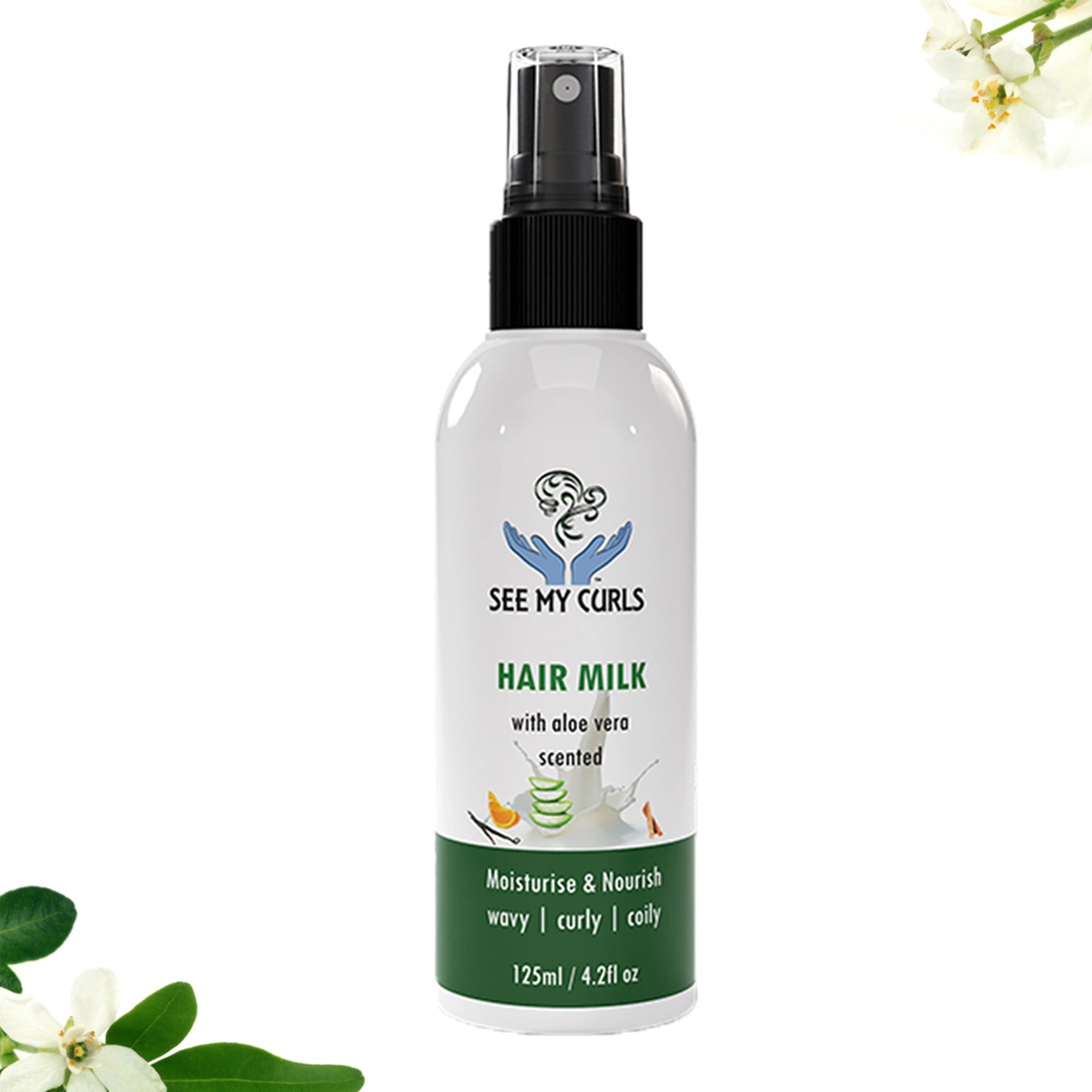 See My Curls Hair Milk scented spray bottle with aloe vera for wavy, curly, and coily hair, 125 ml