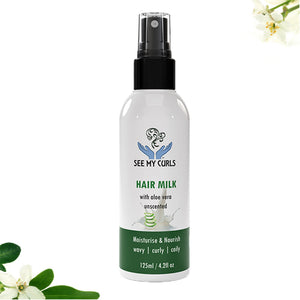 See My Curls Hair Milk unscented spray bottle with aloe vera for wavy, curly, and coily hair, 125 ml