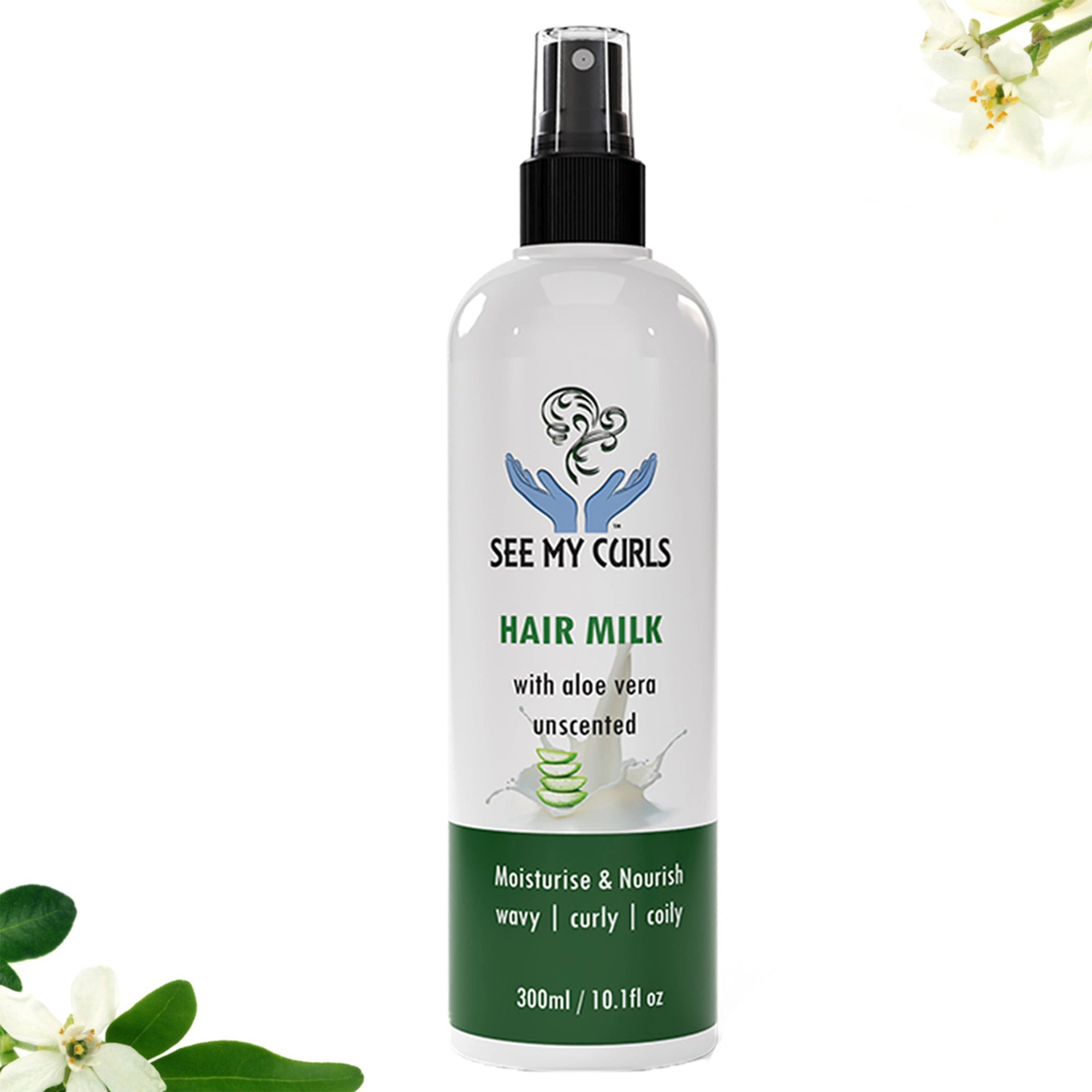 See My Curls Hair Milk unscented spray bottle with aloe vera for wavy, curly, and coily hair, 300 ml
