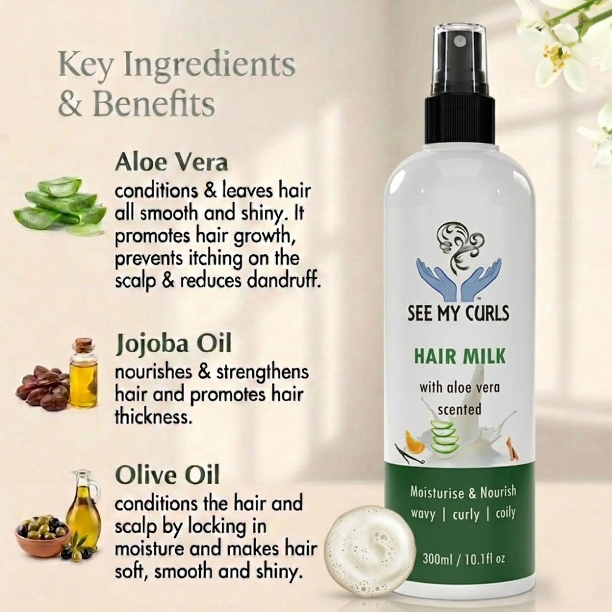 Infographic displaying Key Ingredients and Benefits for See My Curls Hair Milk, featuring Aloe Vera, Jojoba Oil, and Olive Oil for moisturising wavy, curly, and coily hair.