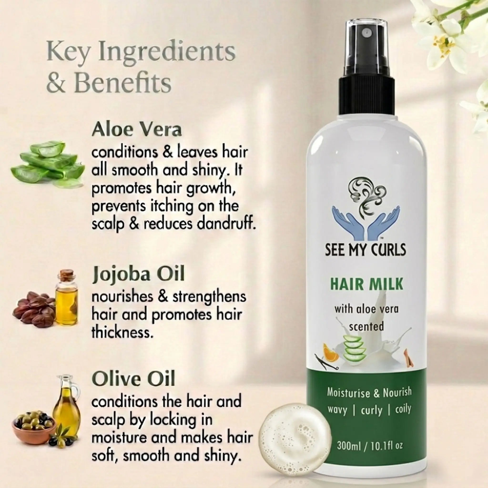 Infographic displaying Key Ingredients and Benefits for See My Curls Hair Milk, featuring Aloe Vera, Jojoba Oil, and Olive Oil for moisturising wavy, curly, and coily hair.