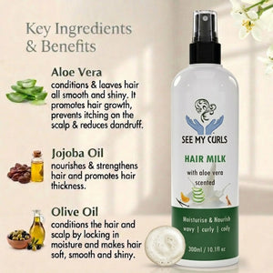 Infographic displaying Key Ingredients and Benefits for See My Curls Hair Milk, featuring Aloe Vera, Jojoba Oil, and Olive Oil for moisturising wavy, curly, and coily hair.