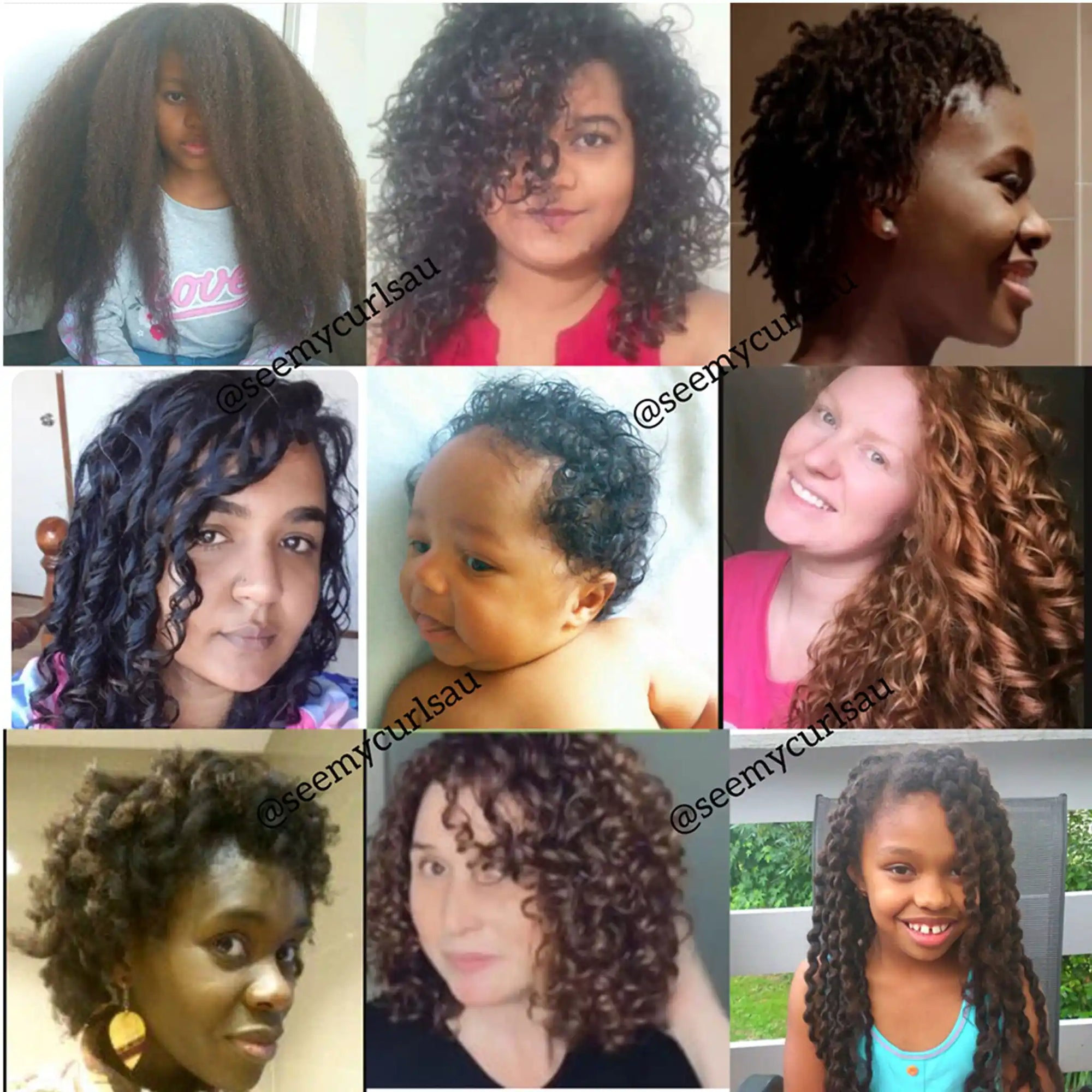 Collage showing real hair results using See My Curls products across diverse hair textures from loose waves to tight coils, kids' hair & locs.