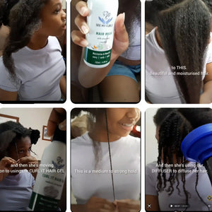 Step-by-step curly hair styling routine showing See My Curls Hair Milk application and hair diffuser results