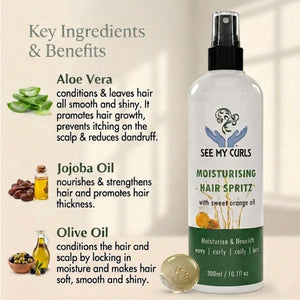 An infographic detailing the "Key Ingredients & Benefits" for "See My Curls Moisturising Hair Spritz." It shows a large product bottle is displayed. It includes three main ingredients are listed with descriptions and small illustrations: Aloe Vera (conditions, adds shine, promotes growth, prevents scalp itching and dandruff); Jojoba Oil (nourishes, strengthens, and promotes hair thickness); and Olive Oil (conditions the hair and scalp by locking in moisture for soft, smooth, shiny hair.
