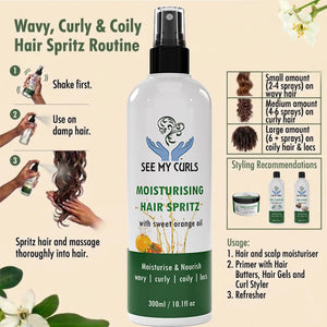 An infographic for "See My Curls Moisturising Hair Spritz with sweet orange oil," detailing a application routine for wavy, curly, and coily hair. The graphic features a central product bottle surrounded by a 3-step guide: 1. Shake first, 2. Use on damp hair, and 3. Spritz hair and massage thoroughly. It includes a dosage guide recommending 2–4 sprays for wavy hair, 4–6 sprays for curly hair, and 6+ sprays for coily hair and locs, alongside product usage tips.
