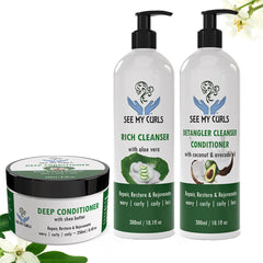 A three-piece See My Curls haircare set featuring a Deep Conditioner tub with shea butter, a Rich Cleanser with aloe vera, and a Detangler Cleanser Conditioner with coconut and avocado.