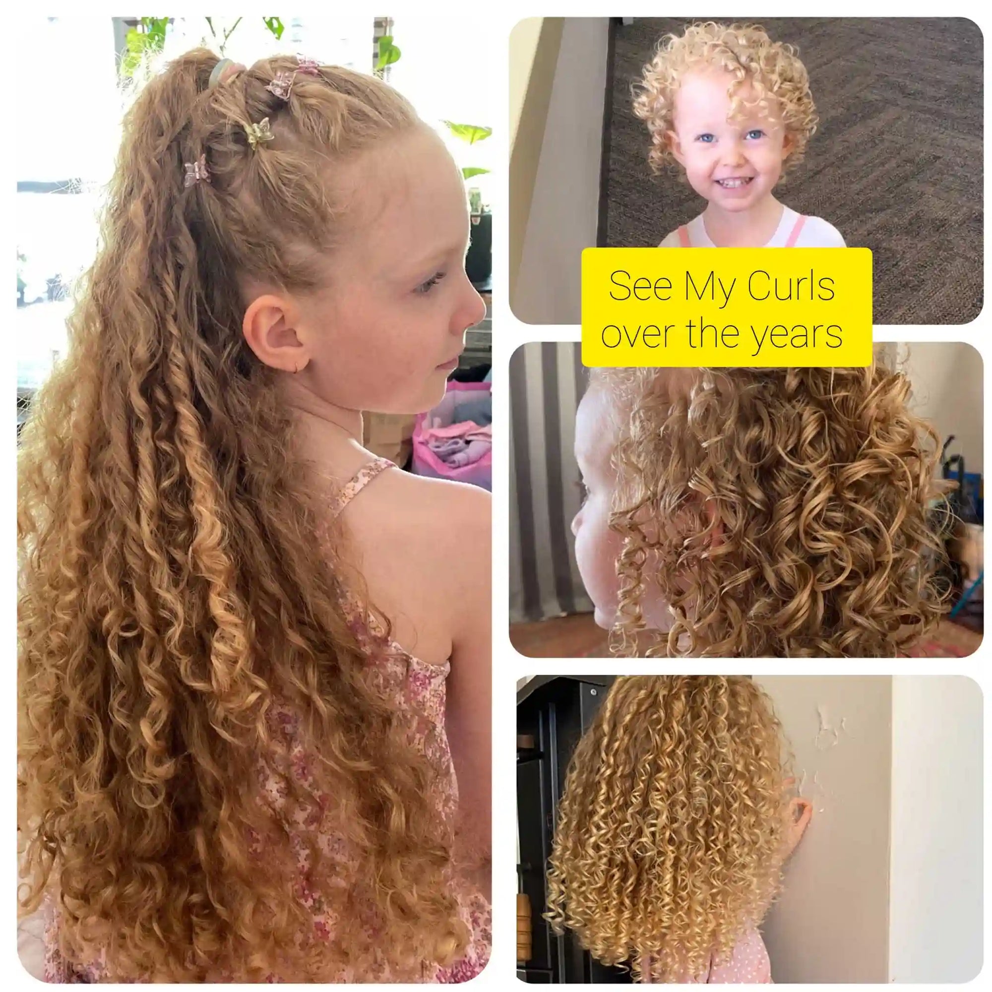 Photo collage titled See My Curls over the years showcasing long-term curly hair growth and definition on a young girl using See My Curls products