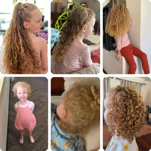 6-panel photo collage displaying defined curly and wavy hairstyles on young children using See My Curls hair products