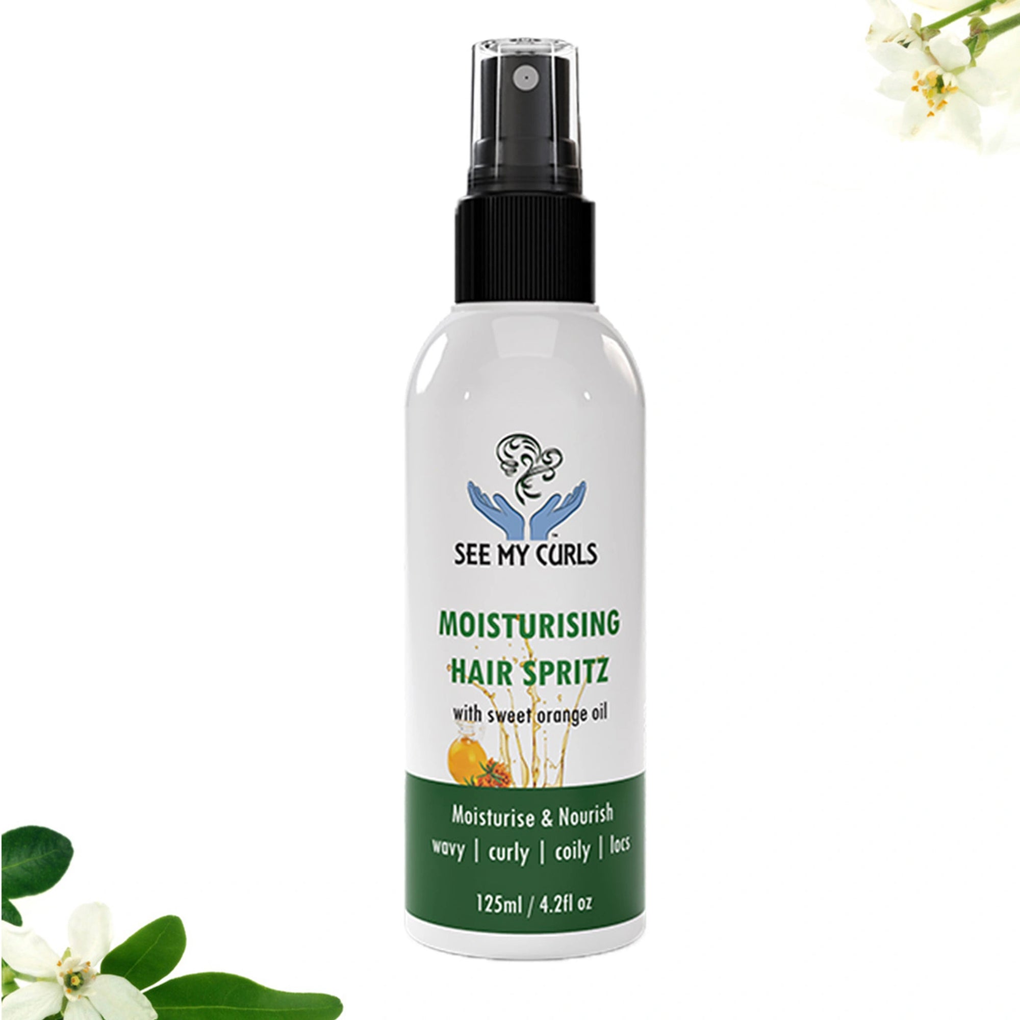 A 125ml (4.2 fl oz) spray bottle of "See My Curls Moisturising Hair Spritz with sweet orange oil." The bottle features a clean white label with a teal blue logo showing hands holding a curly hair illustration, green and blue text, and a dark teal bottom section that reads "Moisturise & Nourish | wavy | curly | coily | locs." The product is centered against a white background with subtle green leaves and white flowers in the bottom left corner.