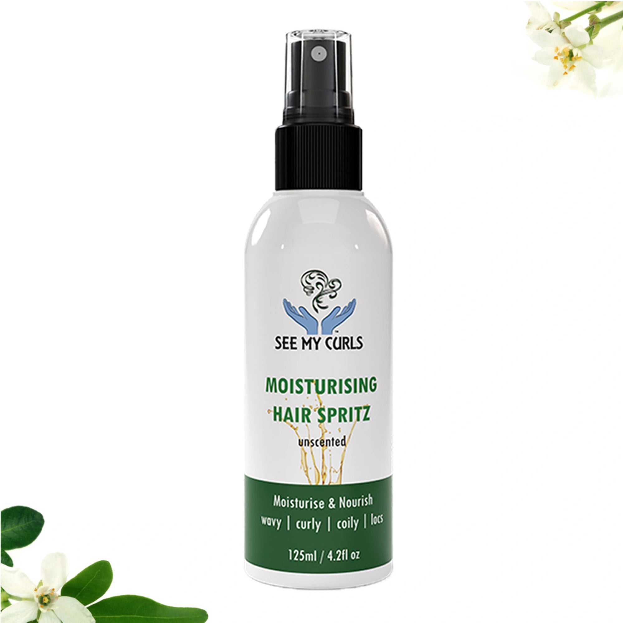A 125ml (4.2 fl oz) spray bottle of "See My Curls Moisturising Hair Spritz," labeled as "unscented." The bottle has a white label featuring a teal blue logo of hands holding a curly hair design, green and blue typography, and a dark teal bottom section that reads "Moisturise & Nourish | wavy | curly | coily | locs." The bottle is centered against a white backdrop with small white flowers and green leaves in the corners.