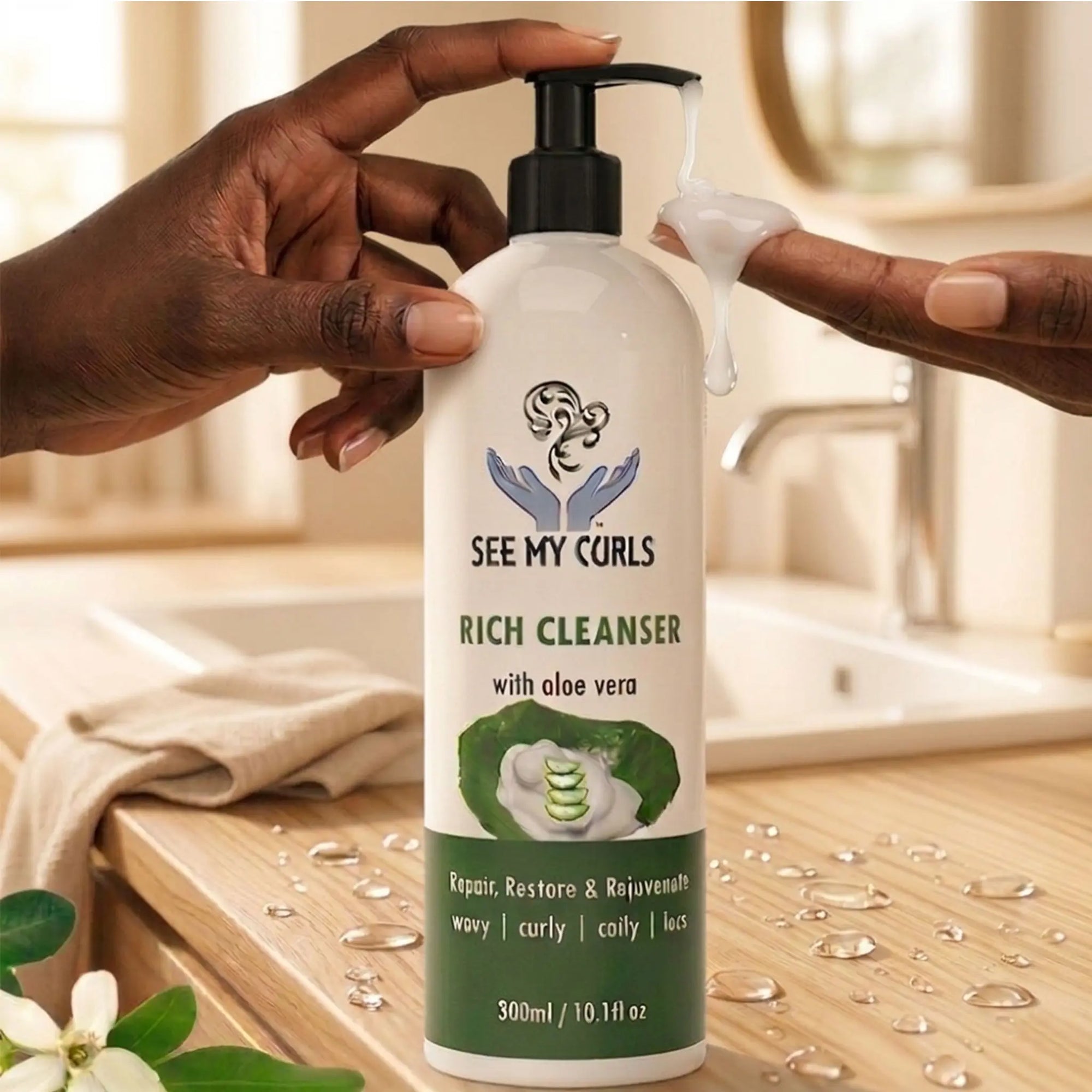 Rich Cleanser by See My Curls with aloe vera being dispensed from a pump bottle onto a finger, showing a creamy white texture in a warm-toned bathroom.