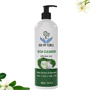 A 300ml bottle of See My Curls Rich Cleanser with aloe vera; a gentle sulfate-free hair cleanser designed to repair and rejuvenate wavy, curly, coily, and loc’d hair.