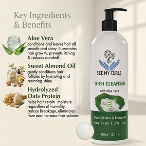 Key ingredients and benefits infographic for See My Curls Rich Cleanser with Aloe Vera. Details the benefits of Aloe Vera, Sweet Almond Oil, and Hydrolyzed Oats Protein for hair growth, shine, and frizz control on wavy, curly, and coily hair.