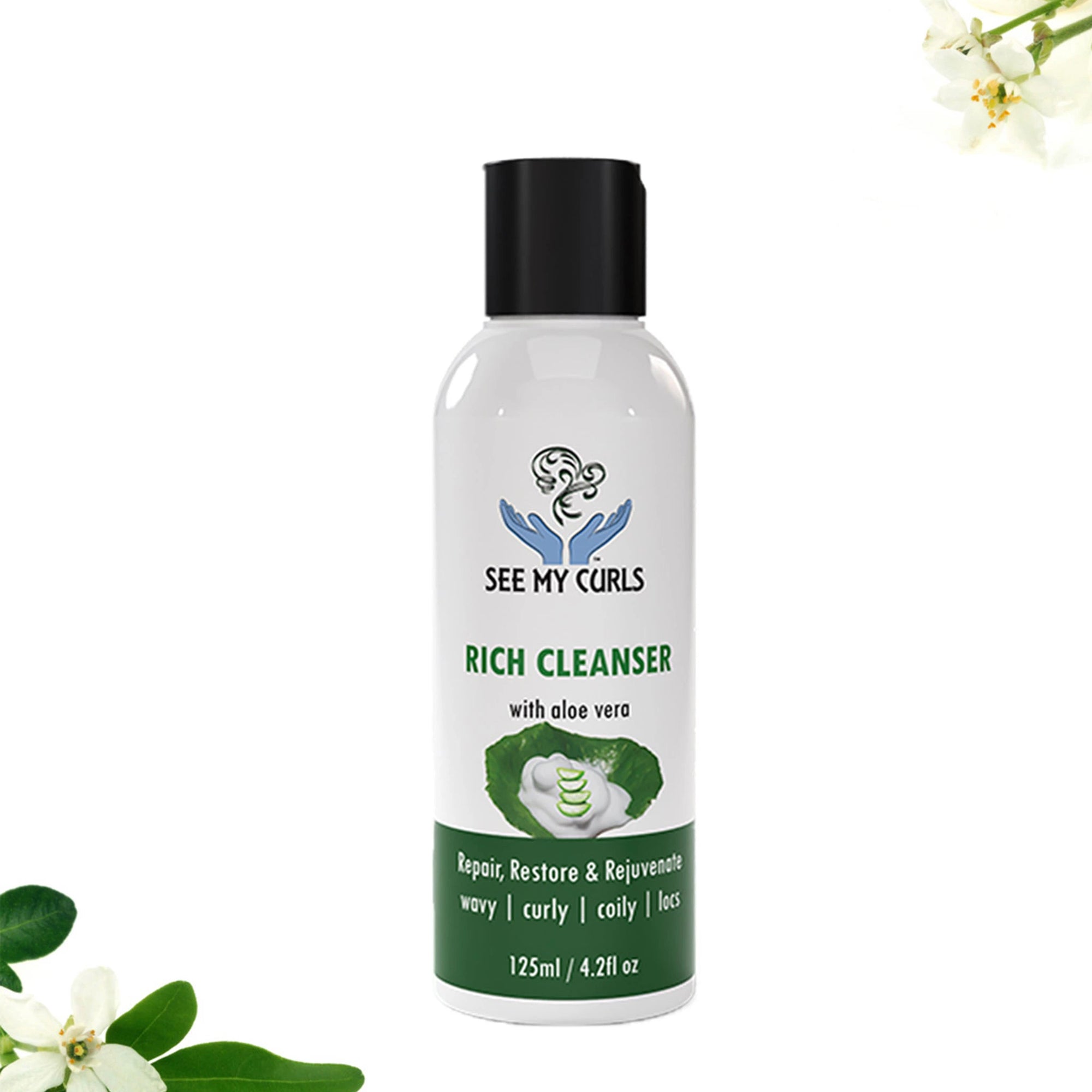Travel-sized 125ml bottle of See My Curls Rich Cleanser with aloe vera, a gentle starter-size hair cleanser for repairing and rejuvenating wavy, curly, coily, and loc’d hair.