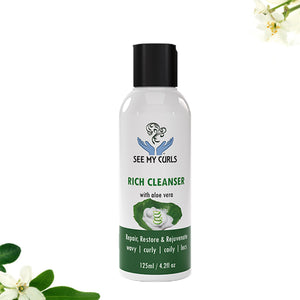 Travel-sized 125ml bottle of See My Curls Rich Cleanser with aloe vera, a gentle starter-size hair cleanser for repairing and rejuvenating wavy, curly, coily, and loc’d hair.