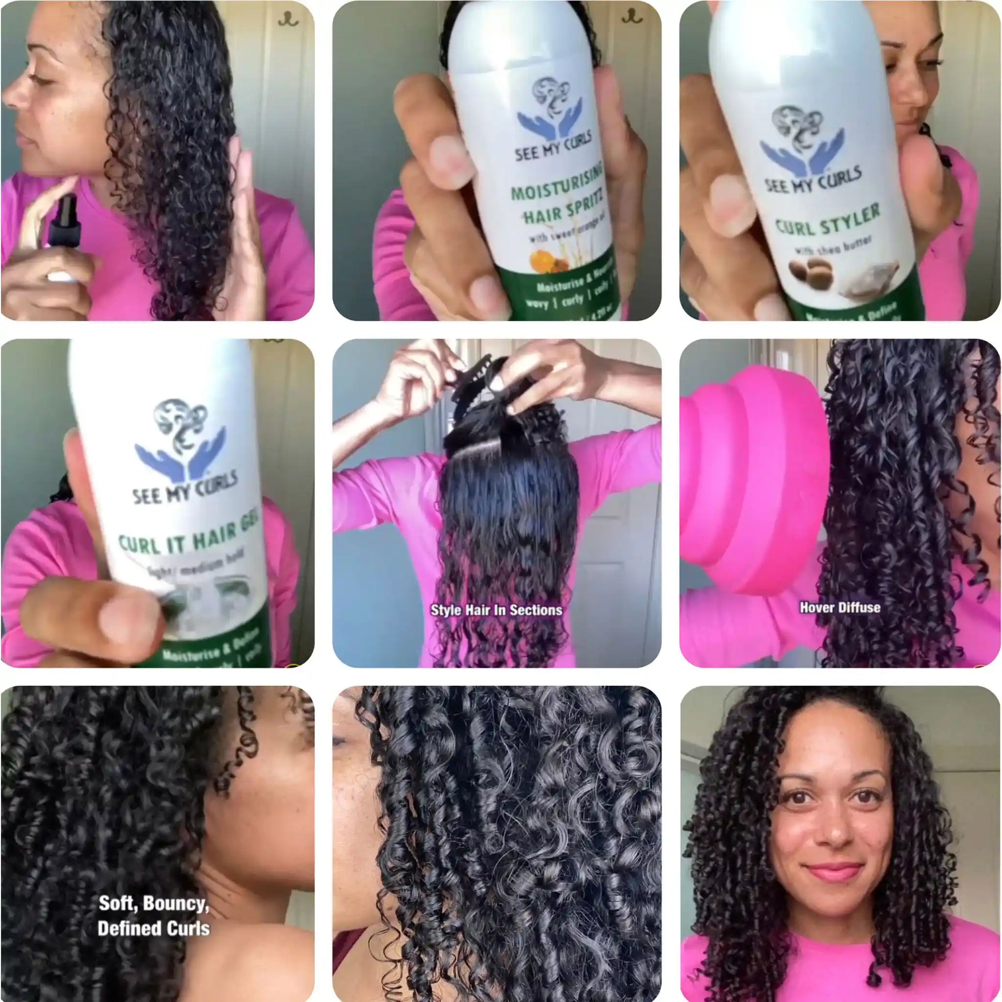 Step-by-step visual demonstration of applying See My Curls Curl Styler, sectioning hair, diffusing, and achieving soft, defined curls.