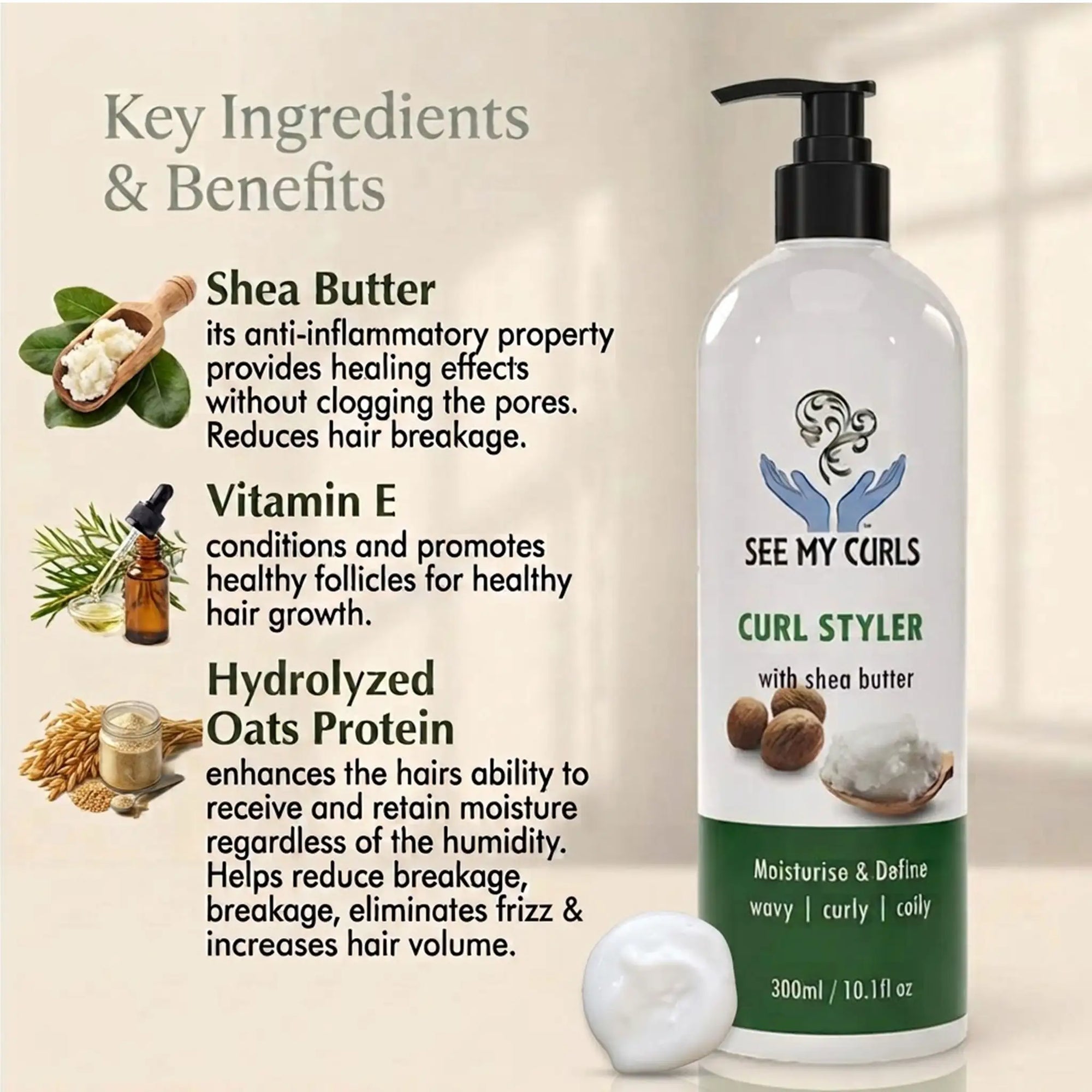 Infographic listing key ingredients for See My Curls Curl Styler including Shea Butter for reducing breakage, Vitamin E for healthy hair growth, and Hydrolyzed Oats Protein to eliminate frizz and retain moisture.