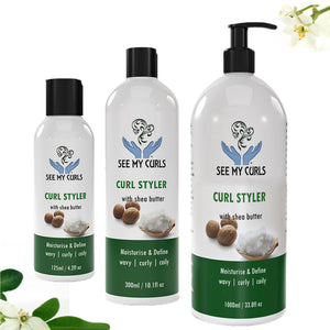 Lineup of See My Curls Curl Styler available in three individual sizes: 125ml, 300ml, and 1000ml pump bottle.