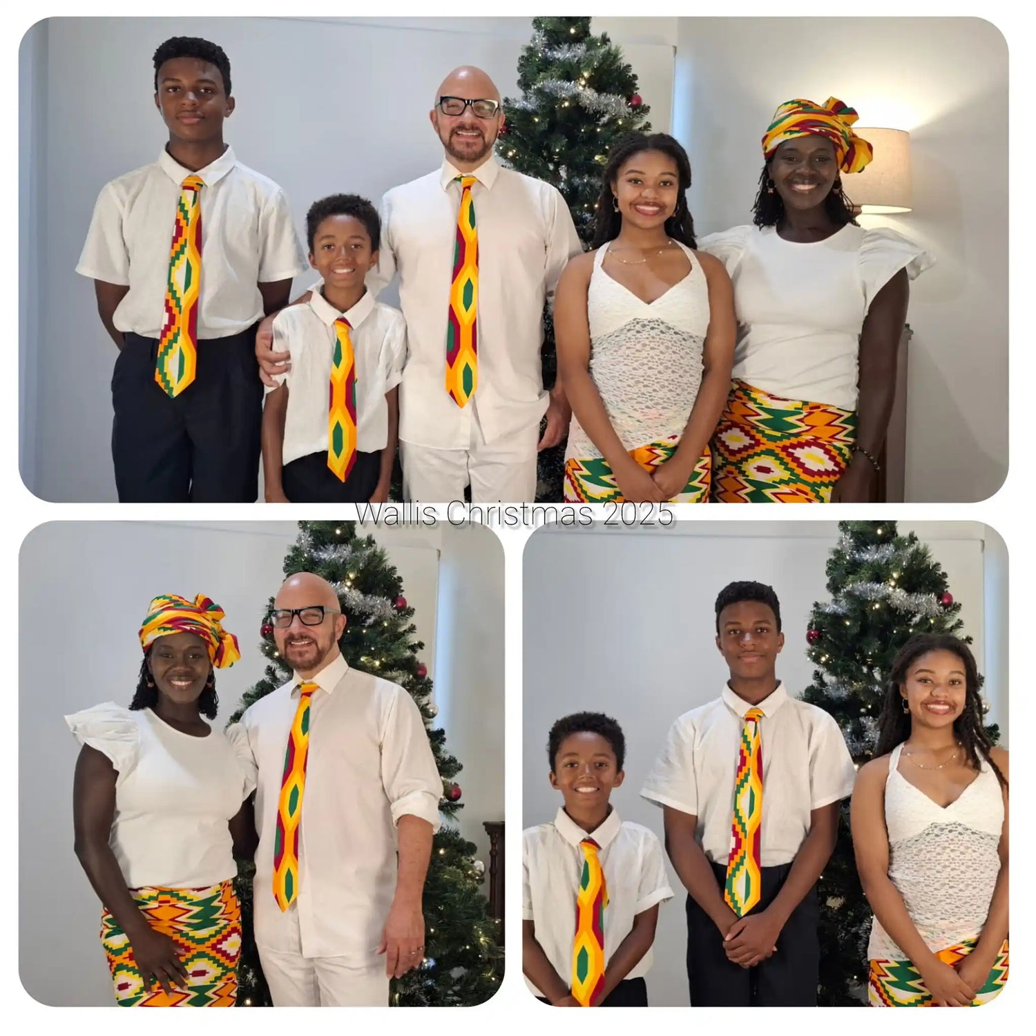 A festive collage of the Wallis family at Christmas, wearing coordinated outfits with vibrant Kente cloth patterns. The See My Curls founder is pictured with her husband and children, celebrating family unity and the roots of her business.
