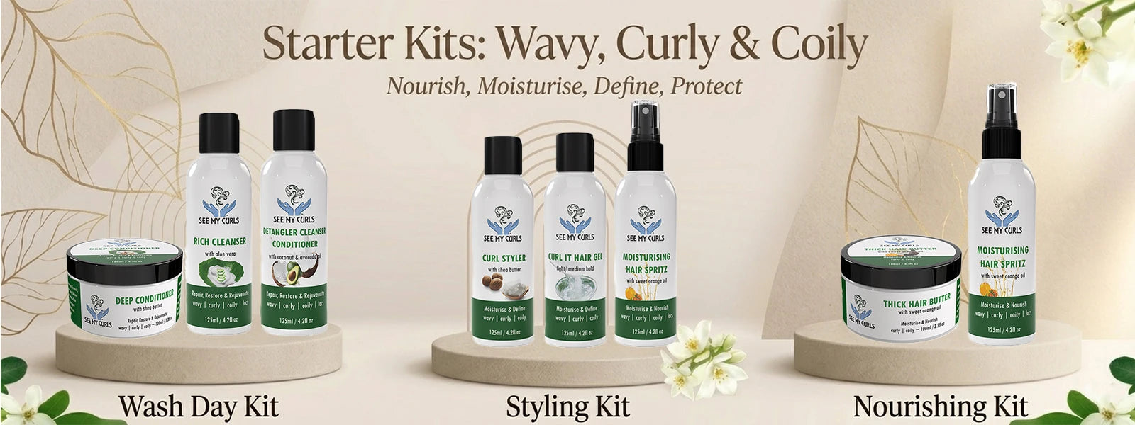 Collection of hair starter kits for wavy, curly, and coily hair types.