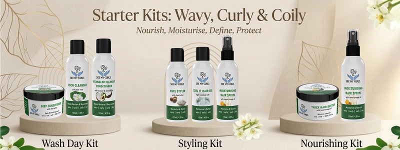 Collection of hair starter kits for wavy, curly, and coily hair types.