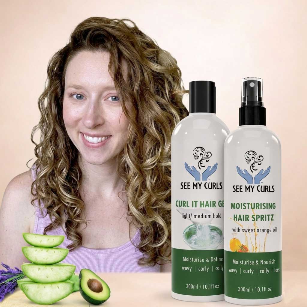 Natural wavy hair care products featuring See My Curls Curl It Hair Gel and Moisturising Hair Spritz with fresh aloe and avocado